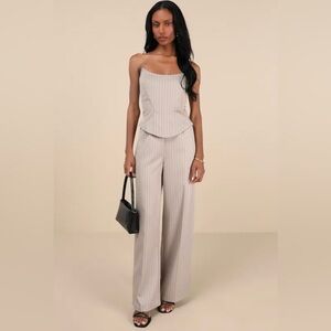 Polished Charisma Taupe Pinstriped Strapless Jumpsuit